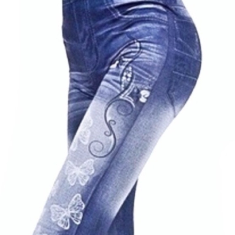 1 LEFT Butterfly Denim Look Stretchy Leggings